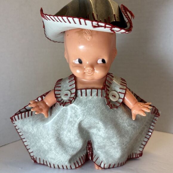 Accessories - 1930a CELLULOID KEWPIE TYPE DOLL SHOT GLASS  HOLDER GRAY OVERALLS SIDEWARD EYES